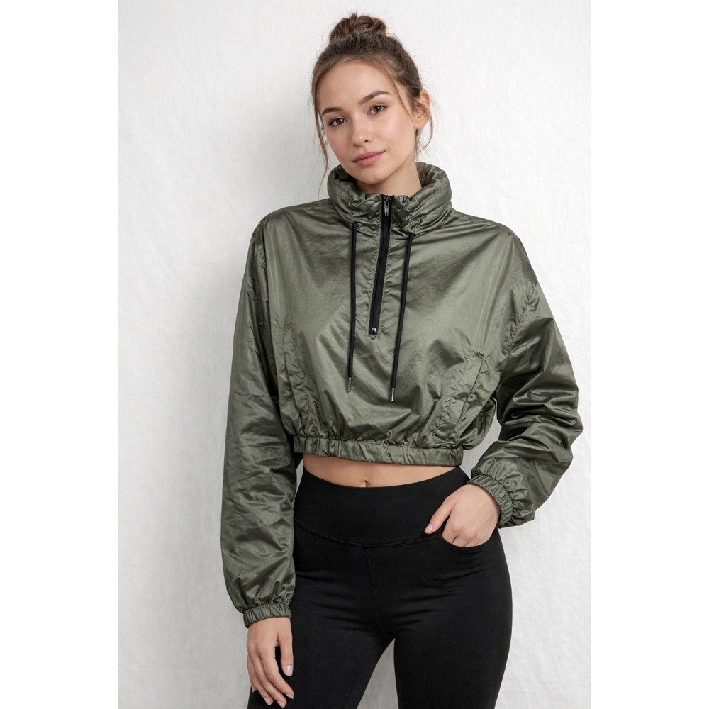 Forever 21 Women Olive Green Metallic Cropped Quarter Zip Windbreaker‎ Jacket S